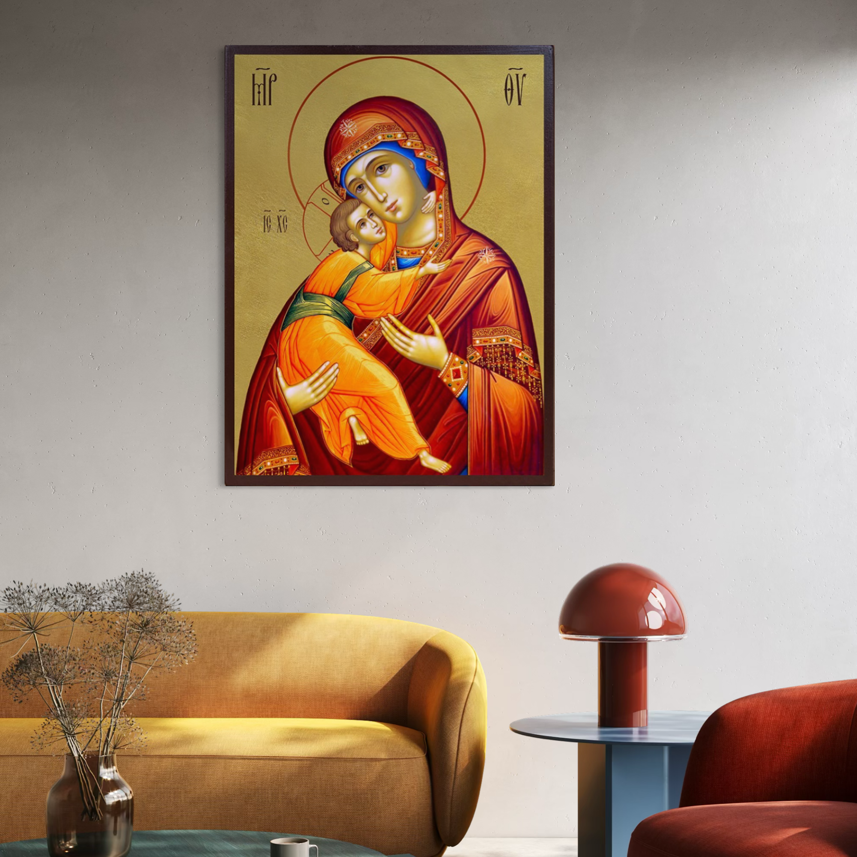 Imagine cu icoana bizantina cu maica domnului si pruncul, tiparita pe panza canvas